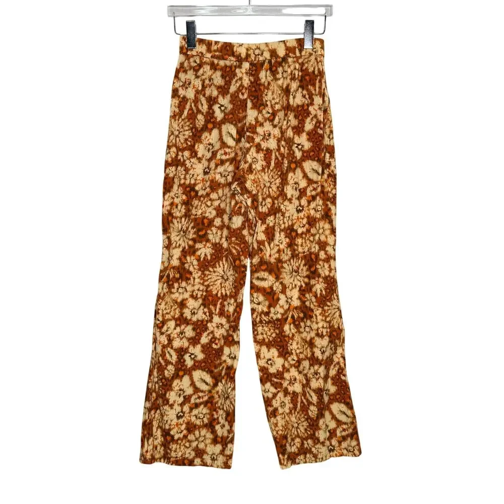 Zara Linen Wide Leg Floral Pants S Bohemian Burnt Orange Womens Trouser